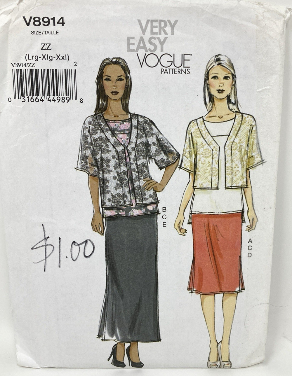 Vogue Very Easy V8914 Misses Jacket, Tunic, Skirt Pattern Sz L-XXL 16-26 UNCUT